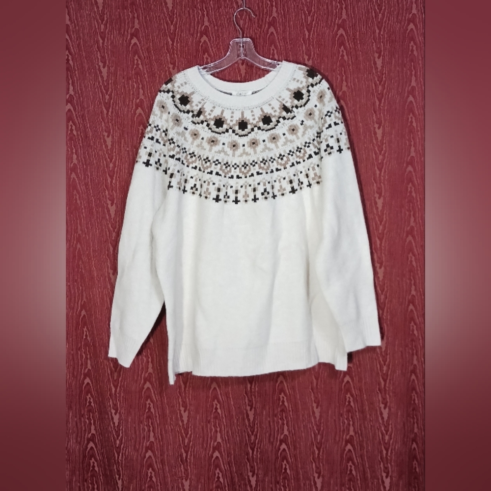 D & CO HERITACE Elegant Cream Round Neck Long Sleeve Patterned Womens Sweater 2X